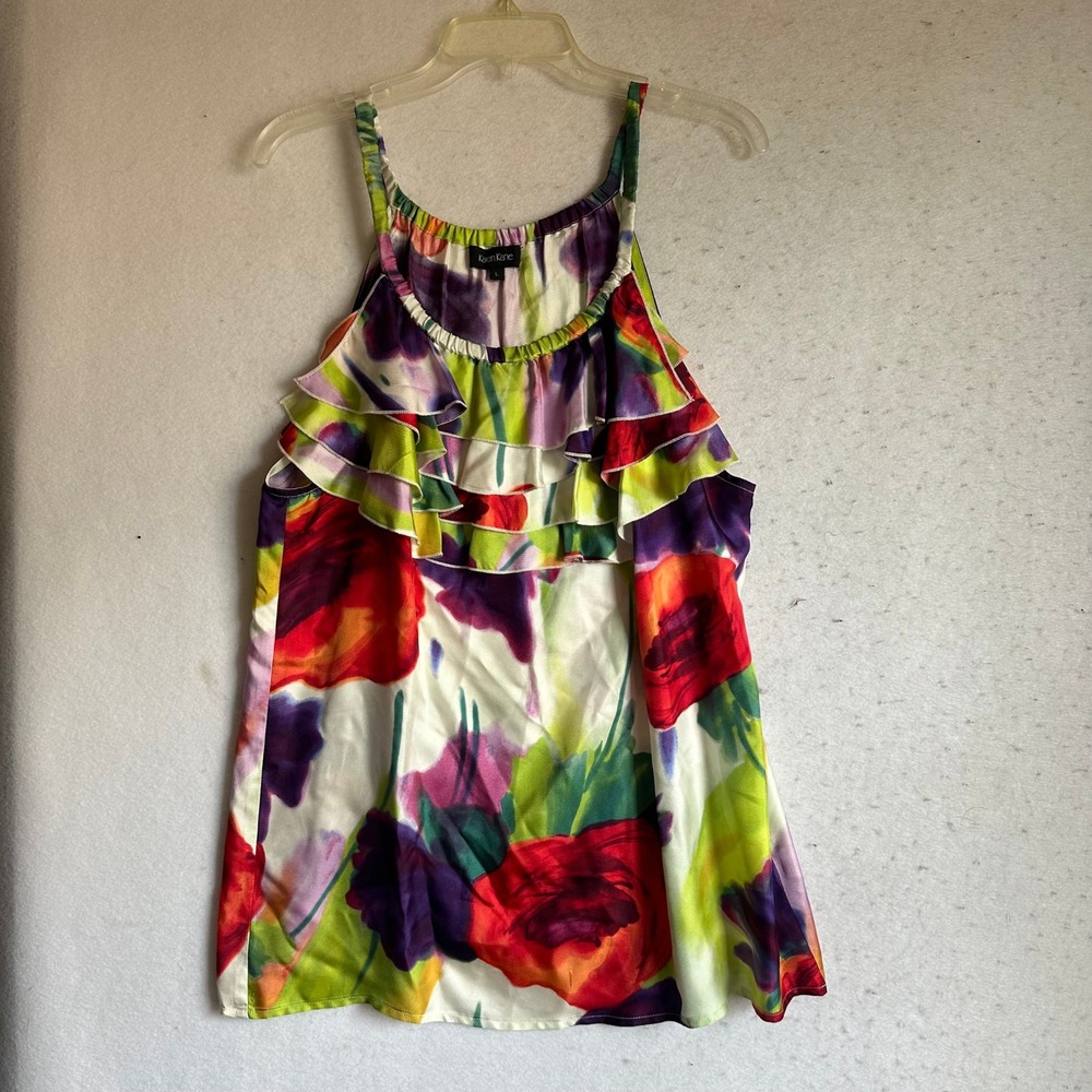Karen Kane 100% Silk Floral Ruffle Camisole Top Multicolor Sleeveless Blouse L
